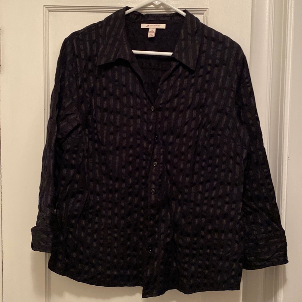 JM Collection Black Top w/ Black embroidered striping - Size 16